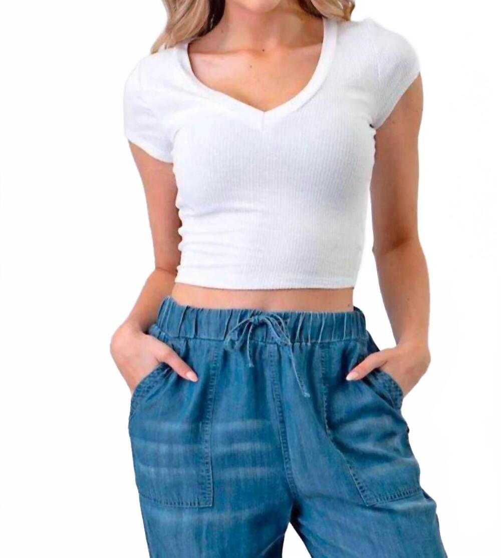 NEW HASHTAG crop v-neck short sleeve top in white